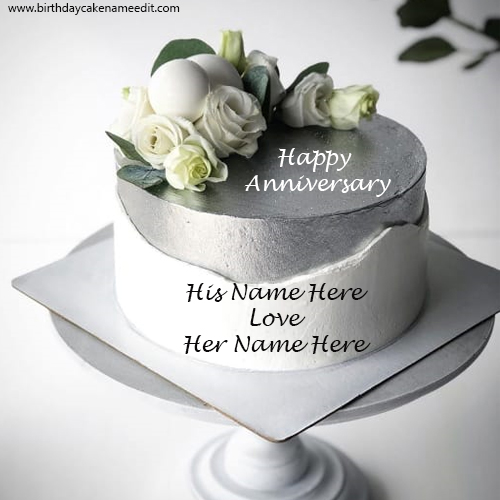 Beautiful white rose anniversary cake with name pic