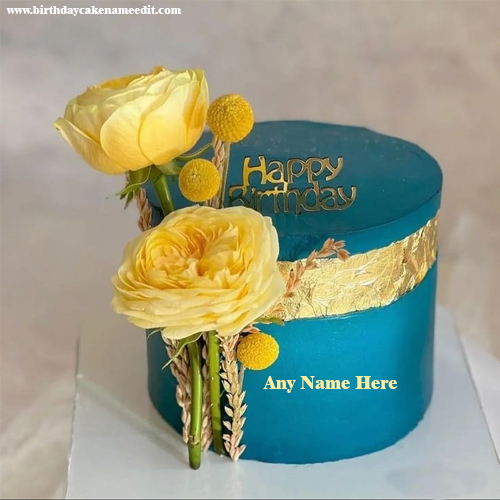 Blue and yellow happy Birthday cake with name editor
