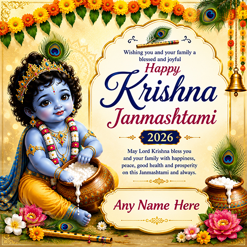 Free Krishna Janmashtami 2026 Wishes Card with Name