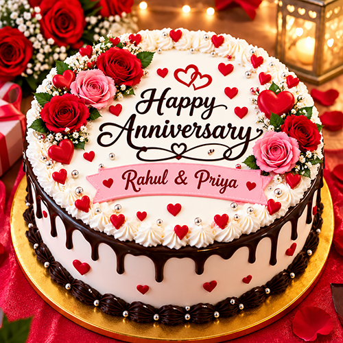 Happy Anniversary Cake with Couple Name Free Edit