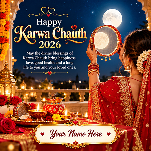 Happy Karwa Chauth 2026 Wishes Card with Name Free
