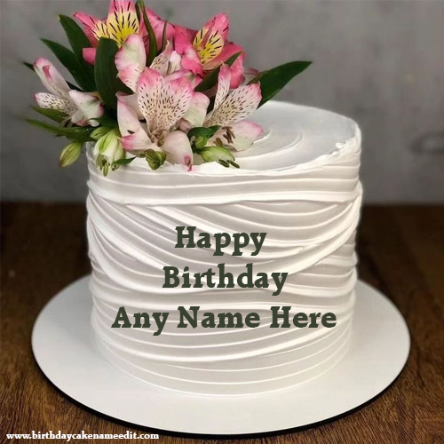 Happy birthday white and pink flowers cake with name