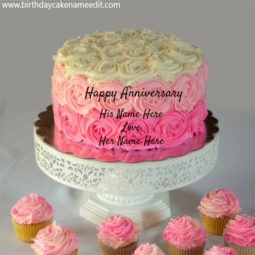 Pink wedding anniversary cake with name of couple