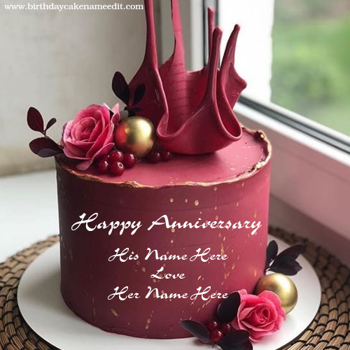 Romantic Happy Anniversary wishes cake with couple name