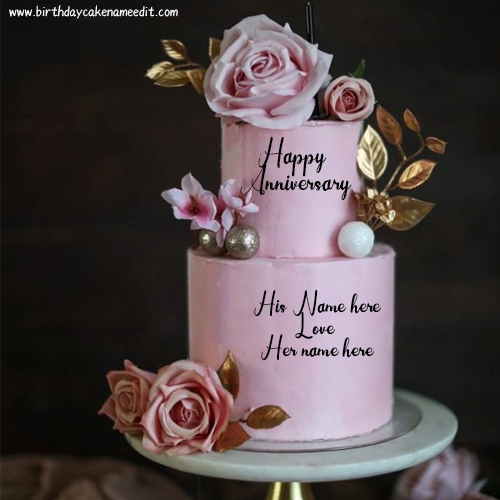Wedding Anniversary Pink and Rose cake with name