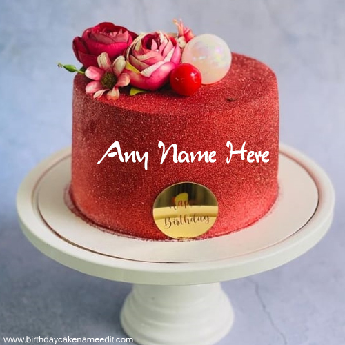 birthday special red cake with a personalized name on it